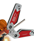 Heavy Duty Magnetic Welding Jig Featuring Rock Solid Grip And Dead Nuts Accurate 20 To 200 Degree Angle Adjustments For Top Tier Metal Fabrication Work in use, showing adjustable angles.