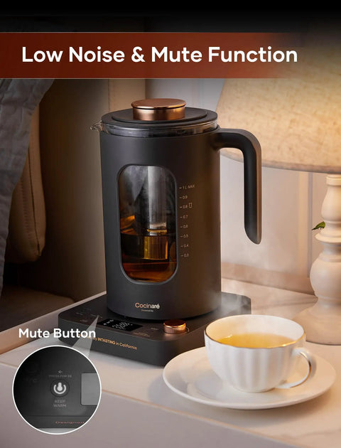 Glass Electric Tea Kettle With Tea Infuser And Precise Temperature Knob 1200W Fast Heating BPA Free Easy To Clean 1 Liter Dark Gray Modern Minimalist Design For Brewing Tea And Coffee Like A Pro