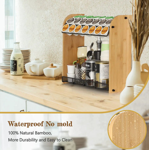 Large Capacity K Cup Holder And Coffee Pod Organizer In Natural Bamboo on kitchen counter, holds 49 plus pods