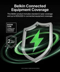 Shield with lightning bolt symbol and coverage details for Belkin connected equipment coverage
