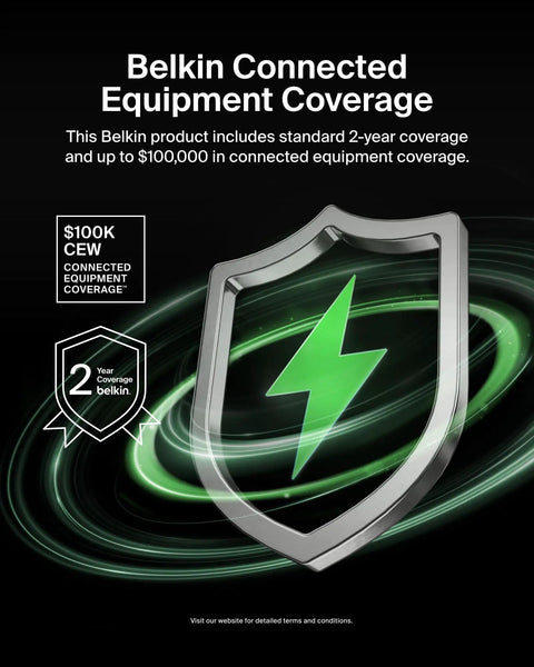 Shield with lightning bolt symbol and coverage details for Belkin connected equipment coverage