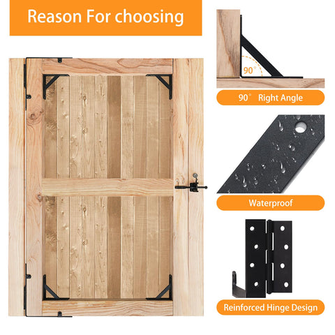 Anti Sag Fence Gate Kit Heavy Duty Gate Hardware With Latch Set for Wooden Fences and Corral Gates, corner braces visible