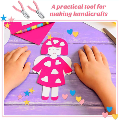 Two Piece Handy Handheld Paper Punch Set With Heart And Star Holes in use for DIY crafts, featuring heart-shaped cutouts on colorful paper.
