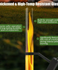Close-up of thickened glass on the Portable Wood Pellet Fire Pit And Outdoor Heater In Matte Black Painted Stainless Steel For Backyard Patio Garden And Camping, Easy Ignition, Cozy Swirl Of Flames.