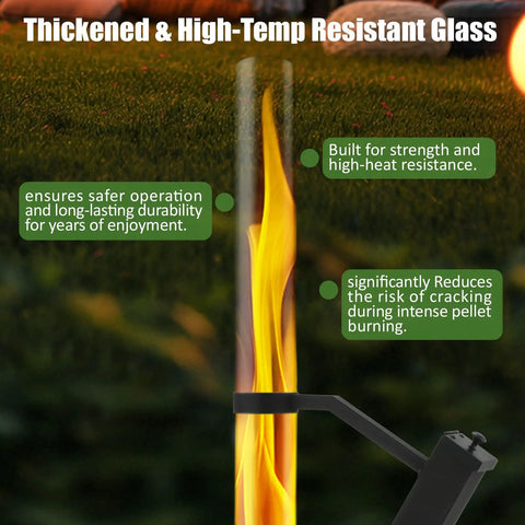 Close-up of thickened glass on the Portable Wood Pellet Fire Pit And Outdoor Heater In Matte Black Painted Stainless Steel For Backyard Patio Garden And Camping, Easy Ignition, Cozy Swirl Of Flames.