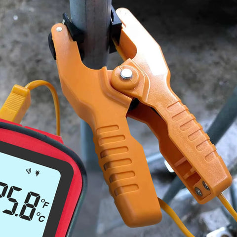 JuviPerpric digital K-type thermocouple thermometer, orange clamp-style probe with wired sensors and LCD display