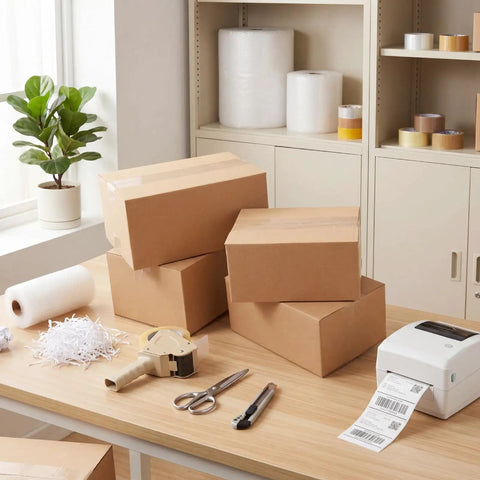 Assorted Shipping Boxes 30 Pack Value Pack With 10 Of Each Size 10x7x5, 9x6x4, And 8x6x4 Corrugated Cardboard Mailers on desk