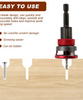 Badass Seven Piece Countersink Drill Bits Kit Featuring Four Flute HSS Tapered Heads And Adjustable Aluminum Depth Stop Collar For Sweet Softwood Cutting Plus Hex Shank Adapter And Rugged Carrying Case. Image shows countersink drill bit for softwood.