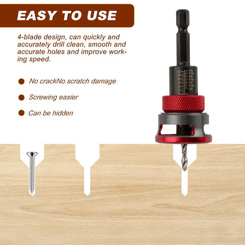 Badass Seven Piece Countersink Drill Bits Kit Featuring Four Flute HSS Tapered Heads And Adjustable Aluminum Depth Stop Collar For Sweet Softwood Cutting Plus Hex Shank Adapter And Rugged Carrying Case. Image shows countersink drill bit for softwood.
