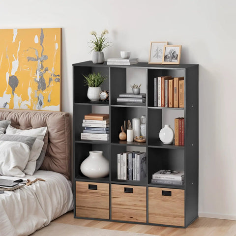 12 Cube Modular Storage Shelf Organizer For Closets And Bins Open Back Bookshelf Cabinet DIY No Fuss Assembly With Durable MDF And Iron Frame For Home Apartment And Office Organization next to bed with decor and books.