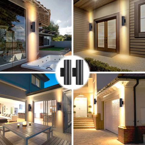Two Pack Outdoor Wall Light With Slick Integrated LED Cylinder Up Down Lighting, 12W 2700K Warm White, Aluminum Matte Black Exterior