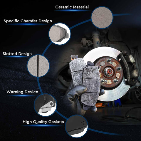 Front view of ceramic brake pads set with hardware for Honda Accord/Civic/CR-V/Element/Pilot and Acura ILX