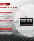 Universal Garage Door Opener Remote, black, ABS material, 893MAX/953EV-P2 model, product dimensions labeled, warranty details.