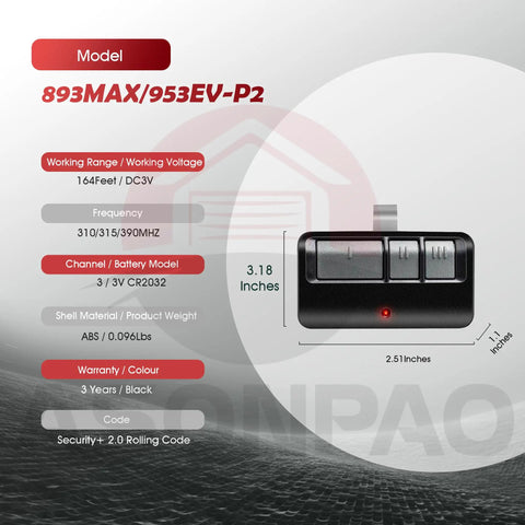 Universal Garage Door Opener Remote, black, ABS material, 893MAX/953EV-P2 model, product dimensions labeled, warranty details.