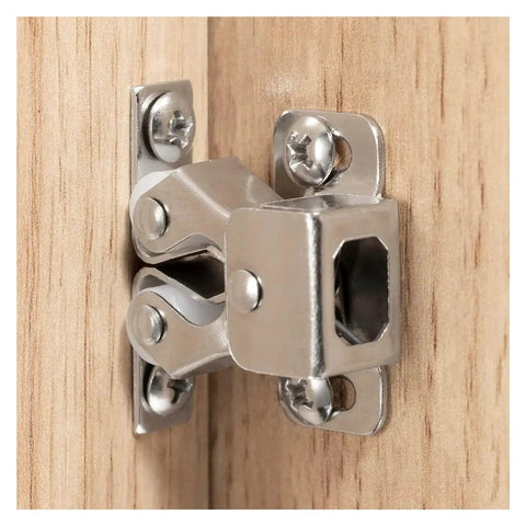 Antique Copper Cabinet Door Roller Catches With Double Latches, Striker And Mounting Screws on wooden cabinet corner, close-up