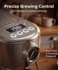 Close-up of Pro Grade Espresso Machine With Milk Frother And Cappuccino Maker For Home Baristas Adjustable Temperature And Cup Size Built In Display Pressure Gauge Stainless Steel Body showing temperature display.