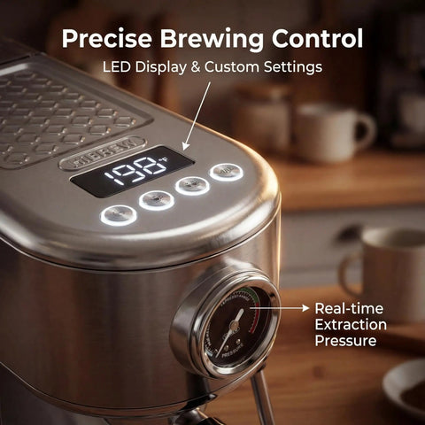 Close-up of Pro Grade Espresso Machine With Milk Frother And Cappuccino Maker For Home Baristas Adjustable Temperature And Cup Size Built In Display Pressure Gauge Stainless Steel Body showing temperature display.