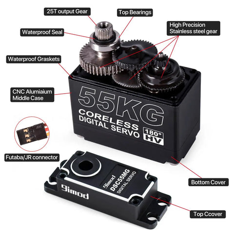 Beefy 55Kg High Torque Servo With Coreless Motor, High Speed HV 8.4V Waterproof Crawler Servo, Stainless Steel Gears, parts labeled