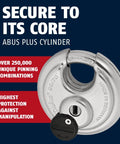Diskus 20 To 70mm Padlock With Key 70mm Heavy Duty Stainless Steel Lock showing its Abus Plus cylinder