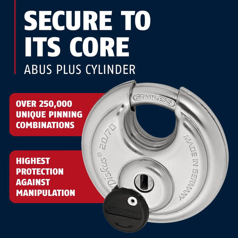 Diskus 20 To 70mm Padlock With Key 70mm Heavy Duty Stainless Steel Lock showing its Abus Plus cylinder