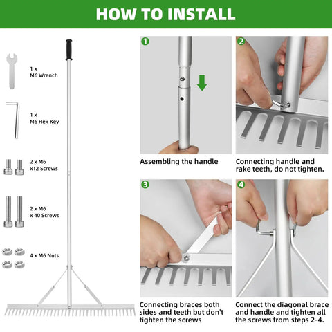 Installation guide for Heavy Duty Aluminum Landscape Garden Rake With 36 Inch Head And 69 Inch Handle For Leaves, Weeding, Soil Loosening, Lawn Care And Yard Work Landscaping Tools.