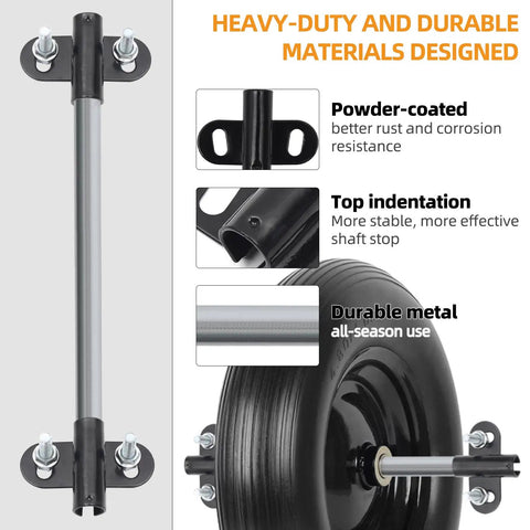 Beefed Up Heavy Duty Wheelbarrow Axle Bracket Set Includes Ten Inch Axle Shaft Five Eighth Inch Hole Two Brackets Nylon Spacers