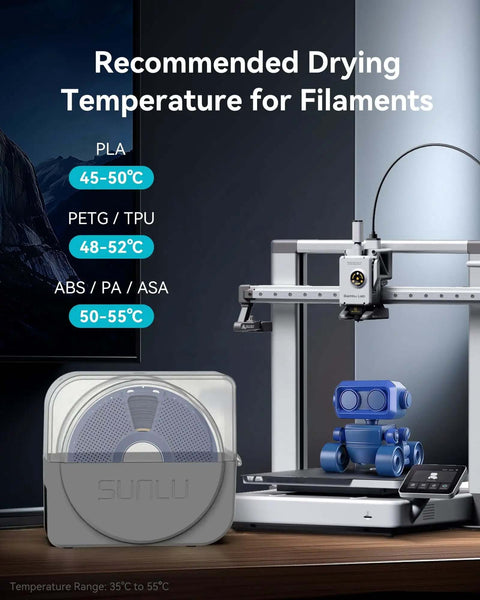 Filament Dryer Box S1 Plus With Built In Circulation Fan near 3D printer and temperature guide, grey for home and workshop use.
