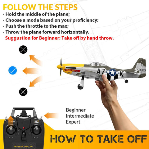Instructions for takeoff with Powerful Brushless RC Plane For Adults With 4 Channel P51D Mustang RC Airplane 500mm Wingspan.