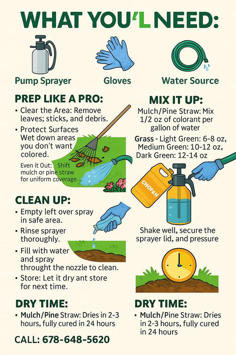 Infographic showing steps and items needed for applying grass colorant, including sprayer, gloves, water source, and drying times.