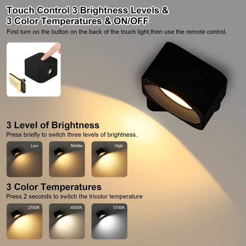 Cordless Black LED Wall Sconces With Remote And Touch Dimmer Battery Operated Reading Lights showing brightness levels