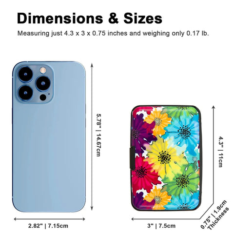 RFID Blocking Metal Card Wallet For Men And Women Ultra Slim Aluminum Card Holder Compact EDC Card Case With Floral Motley Design next to phone showing dimensions