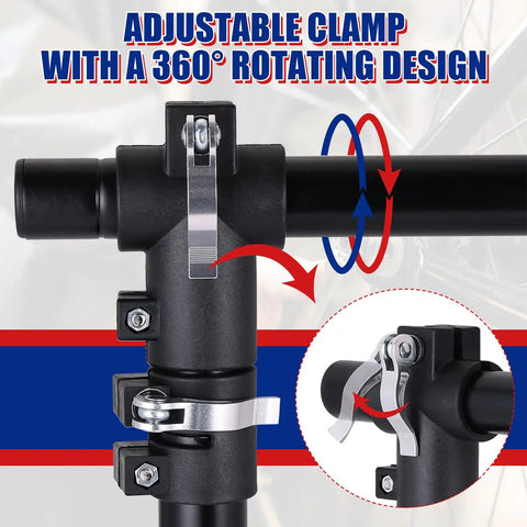 Close-up of the Extended Adjustable Bike Repair Stand With Clamp For Road And Mountain Bikes showing 360° adjustable clamp.