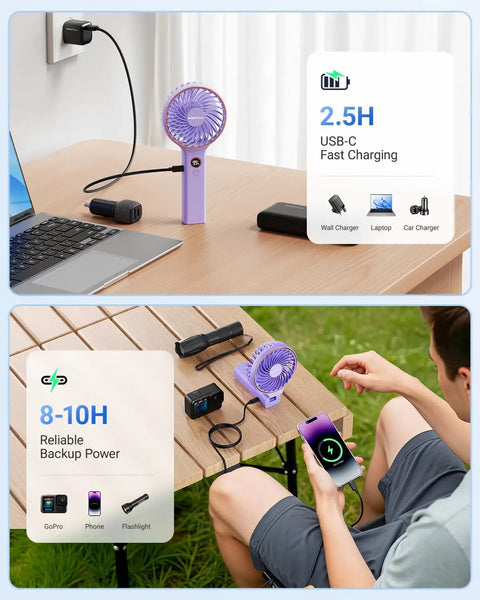 Portable Handheld Fan On The Go Must Have 5000mAh Rechargeable Battery With 6 Speeds And LED Display Ultra Quiet Mini Travel USB Fan Foldable Personal Cooler For Women charging via USB-C on a desk.