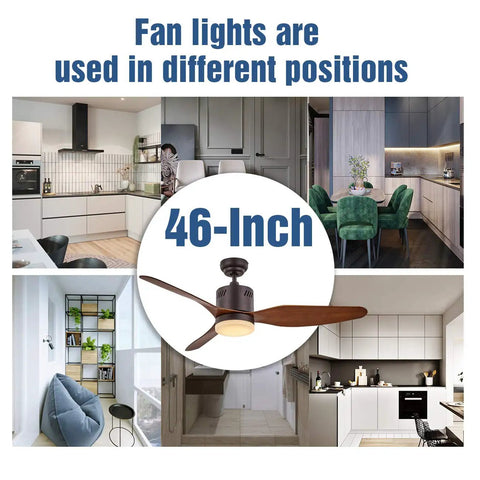 Dope Indoor 46 Inch Ceiling Fan With Three Reversible Wooden Brown Blades And Frosted Glass Light in various room settings