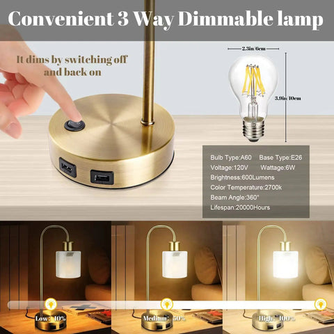 Lit Industrial Brass Table Lamps Set Of 2 With USB Ports For Nightstand And Living Room, dimmable lamp with brightness settings and USB ports