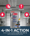 Packaging of Penetrating Oil 34 Oz Multipurpose Lubricant And Rust Remover For Cars Motorcycles And Home Projects Loosens Stuck Bolts Dissolves Rust Cleans And Protects Metal Parts Silicone Free Deep Penetrating Degreaser displayed on a background highlighting its lubricating, cleaning, unlocking, and protecting features in various languages.