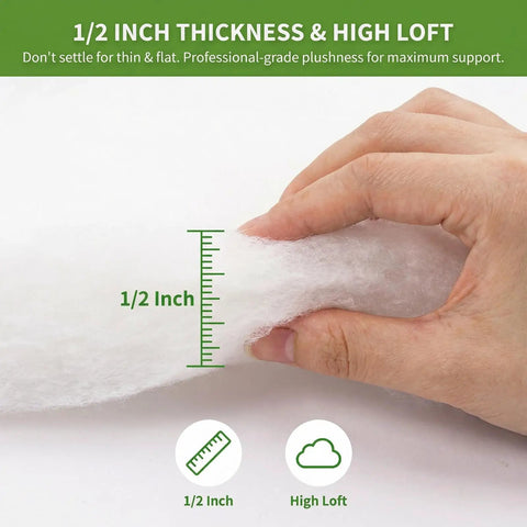 Close-up of hand measuring half inch thick polyester batting, showcasing premium softness for DIY upholstery. Kick Your Couch Back To Life With Premium Half Inch Thick Polyester Batting, Super Soft High Loft Polyfill Delivers Knockout Quality Cushion Wrap For Smooth Furniture Padding And Effortless Diy Fixes 36 By 9 Feet Roll.