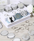 100 Set 58mm Button Maker Kit With Metal Shells Transparent Film Back Covers And Black Rings For DIY Button Keychains Use This All In One Press Pack For Crafty Creators showing components and finished keychains with designs.