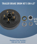 Trailer brake drum hub kit, 10in x 2.25in, 5-on-4.5in bolt pattern, includes bearings, seals, and four nuts