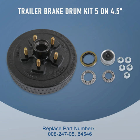 Trailer brake drum hub kit, 10in x 2.25in, 5-on-4.5in bolt pattern, includes bearings, seals, and four nuts