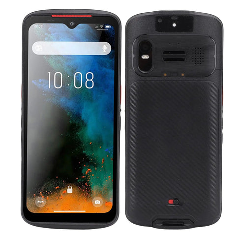 Front and back view of the Workhorse Portable Barcode Scanner with WiFi 6 and 5G, 6.5 inch touch screen, 8 core CPU, IP68 resistant.