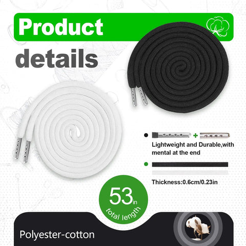 12 Replacement Drawstrings for Pants, Jackets and Hoodies in White and Black with 53 in length shown with product details