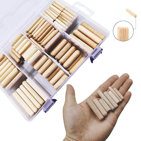 240 Piece Wood Dowels Kit With Sizes One Quarter Inch, Five Sixteenths Inch, And Three Eighths Inch, Tapered Ends With Beveled Grooves