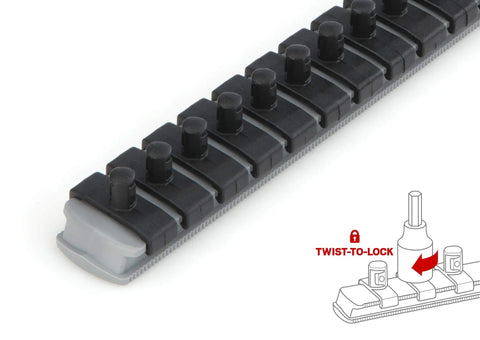 Pro-Grade Eight-Piece One Quarter Inch Drive Phillips And Slotted Bit Socket Set with Gearhead Rail, twist-to-lock design.