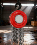 Shop Grade 10T Manual Chain Hoist Built Tough With Dual Rotating Hooks And Heavy Duty Steel Frame Ready To Handle Any Garage Grind Or Warehouse Load Up To 3m High In Classic Blue, showing red hoist with chains.