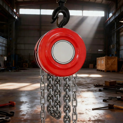 Shop Grade 10T Manual Chain Hoist Built Tough With Dual Rotating Hooks And Heavy Duty Steel Frame Ready To Handle Any Garage Grind Or Warehouse Load Up To 3m High In Classic Blue, showing red hoist with chains.