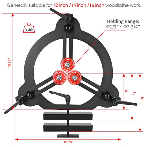 Woodturning steady rest for lathe with three red wheels on black frame; fits 12/14/16 inch swing (Amazon).