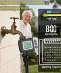 Irrigation Kit Automatic Watering System With Timer showing easy programming steps for home gardens, featuring digital display next to outdoor faucet.
