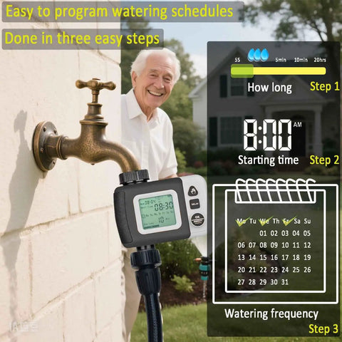 Irrigation Kit Automatic Watering System With Timer showing easy programming steps for home gardens, featuring digital display next to outdoor faucet.