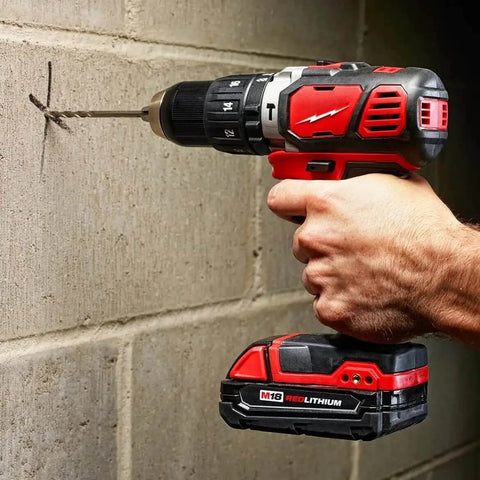 Beefy Compact Cordless Hammer Drill And Driver Kit With Half Inch Chuck And Frameless Motor in action, drilling into concrete wall.